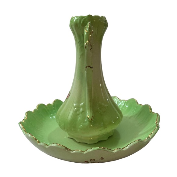 Vintage Antique Green Floral Pitcher and Wash Basin with Gold Trim 1950s - Picture 5 of 16